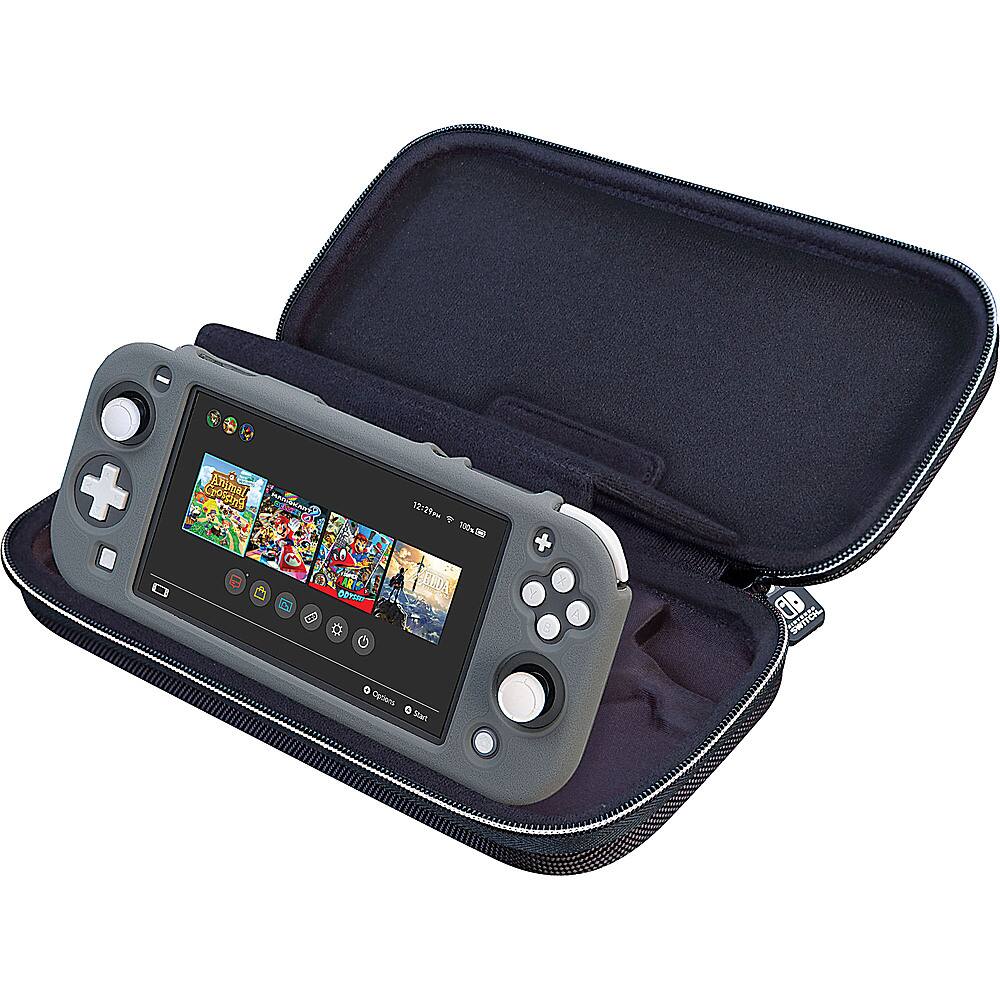 The image features a Nintendo Wii game console sitting inside a blue carrying case. The case is designed to protect the console and its accessories, such as the Wii remote and nunchuck, during transportation. The Wii remote is placed on top of the console, and the nunchuck is positioned to the side. The case is open, revealing the console and its accessories inside.