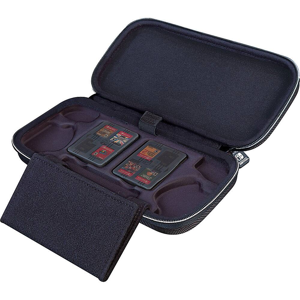 The image features a black case with three compartments, each containing a small card. The cards are of different sizes and colors, making them visually distinct. The case is designed to hold these cards securely and protect them from damage.