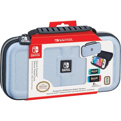 The image features a Nintendo Switch travel case, which is designed to protect the gaming console during travel. The case is blue and has a zippered compartment to hold the Switch and its accessories. It is an officially licensed product and is compatible with both the Nintendo Switch and the Nintendo Switch Lite. The case is made to fit the Nintendo Switch systems and is perfect for gamers who want to keep their gaming device safe and secure while on the go.