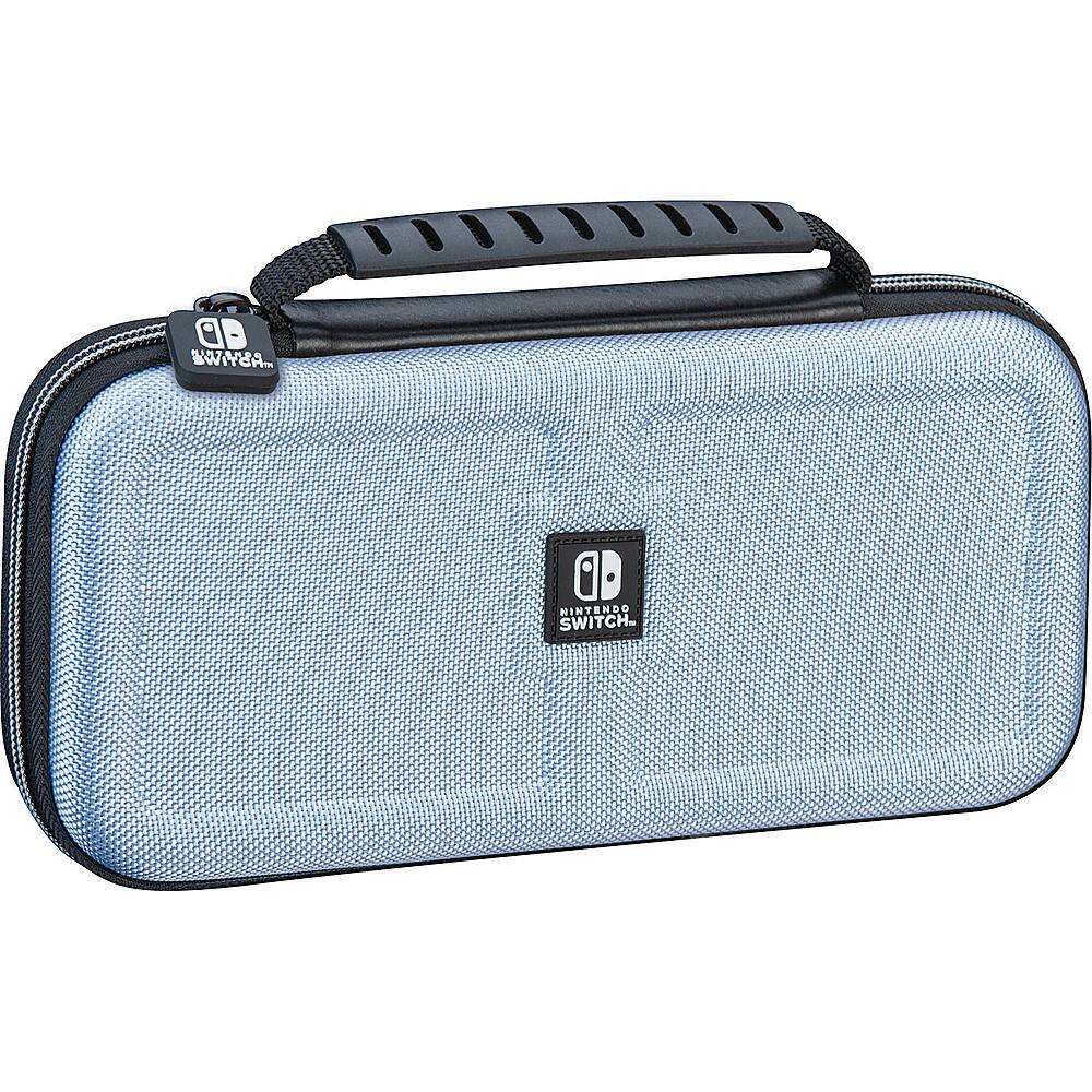 The image features a blue Nintendo Switch carrying case. The case is designed to hold the Switch console and its accessories, providing a convenient way to transport and protect the gaming system. The case is made of durable materials and has a zippered closure to keep the contents secure. The Nintendo Switch logo is prominently displayed on the case, indicating its compatibility with the gaming system.