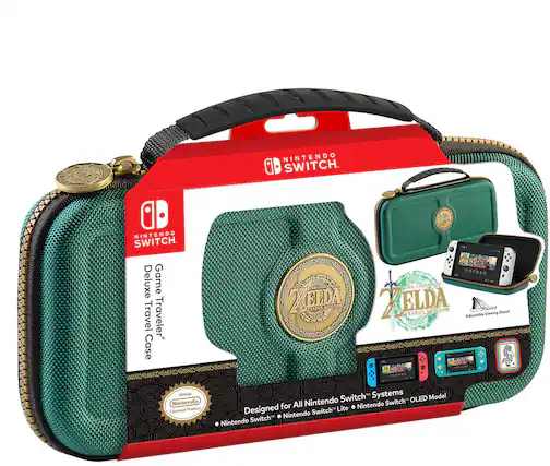 The image features a Nintendo Switch Deluxe Game Traveler Case, which is designed for the Nintendo Switch gaming system. The case is green and comes with a Zelda-themed coin pouch and a viewing stand. It is an official Nintendo licensed product and is compatible with both Nintendo Switch and Nintendo Switch Lite systems. The case is designed to protect and store the gaming system and its accessories while on the go.