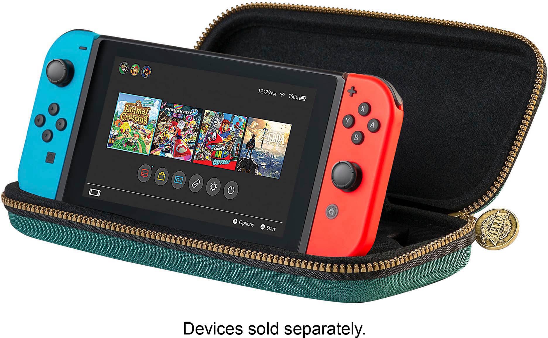 The image features a red and blue Nintendo Switch console sitting inside a black case. The case is designed to hold the console and its accessories, providing a secure and organized storage solution. The console is displayed prominently, with the screen showing a selection of games. The case is well-suited for protecting the Switch and its accessories during transport or storage, ensuring that the gaming experience remains enjoyable and hassle-free.