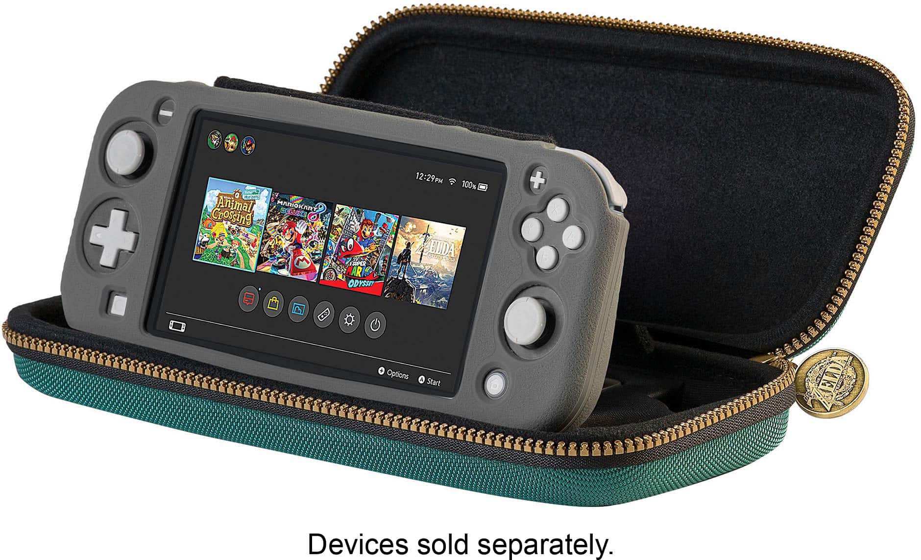 The image features a Nintendo Switch gaming console placed inside a black case. The case is designed to hold the gaming system securely and protect it from damage. The console is surrounded by various video games, showcasing the diverse gaming options available for the Switch. The case also has a coin slot, which adds a unique touch to the overall design.