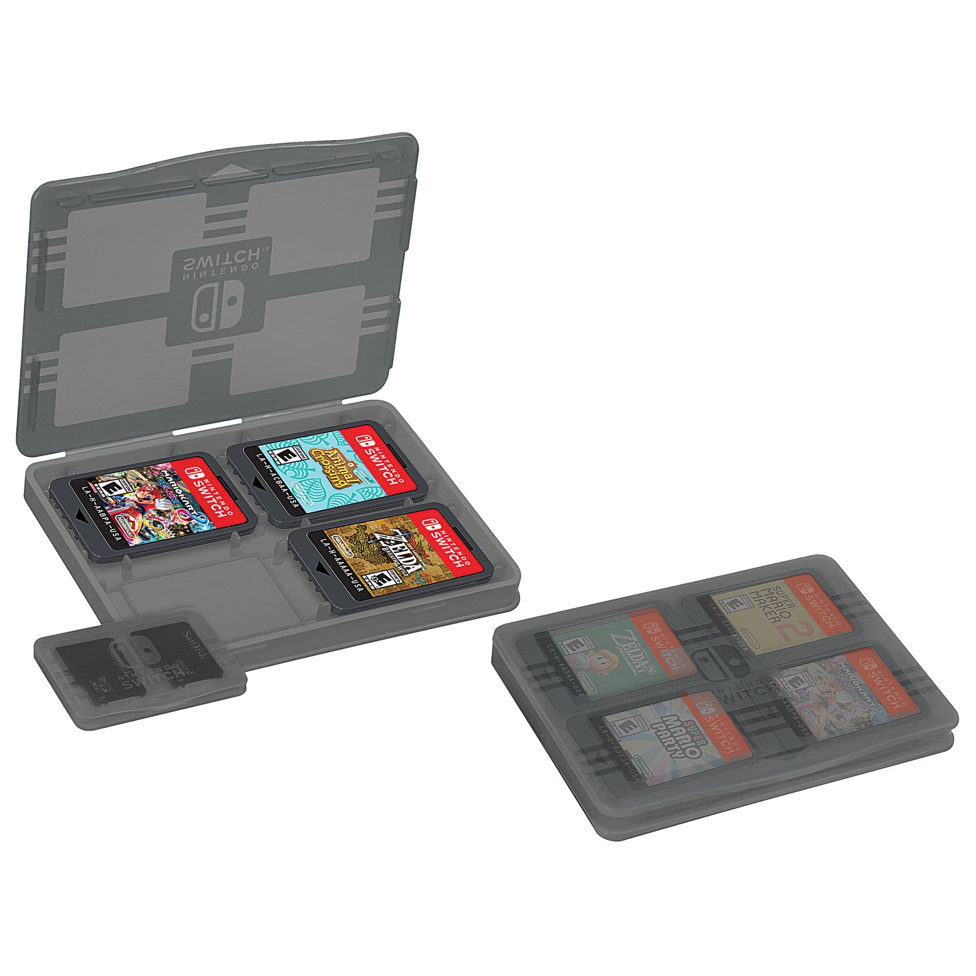 The image features a Nintendo Switch game console with a carrying case and a game cartridge. The carrying case is designed to hold the console and its accessories, while the game cartridge is a collection of games for the Switch. The case and cartridge are both gray in color.