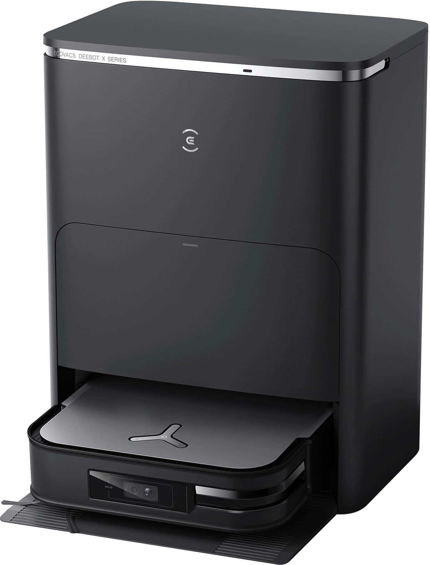 The text on the image reads "2 OVACS DEEBOT x SERIES (u)." This text is likely a description or a tagline for the black appliance, which is a combination of a printer and a copier. The text suggests that the appliance is part of the "x Series" and has two built-in vacuums for easy cleaning.