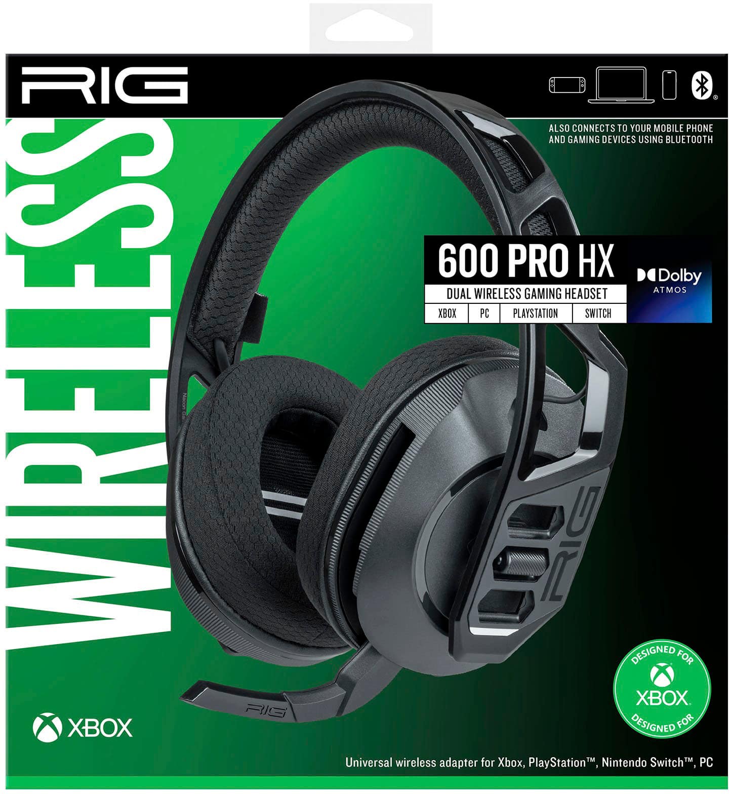 The image features a pair of black headphones with a green background. The headphones are designed for Xbox and are advertised as wireless. They are also compatible with other gaming devices such as PlayStation and Nintendo Switch, as well as PCs. The headphones are equipped with a dual wireless gaming headset and are designed for a comfortable and immersive gaming experience.