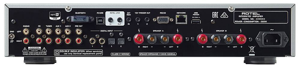 The text on the image reads:

"PHONO APT X CSR TUNER ALIXX 1 ALEX 2 BLUETOOTH PRE OUT PCUSB ROTEL LINK IN OUT EXT REM IN 12V TRIGGER OUT 1 2 RS232 HOD IN NETWORK USB POWER BV/0.8A EAC ROTEL INTEGRATED AMPLifier MODEL NO. ! A14MKII POWER CONSUMPTION - 280W GNO LEFT DIGITAL INPUT SPEAKER IN SPEAKER OUT - RIGHT CAUTION 1 2 1 2 + RIGHT LEFT RIGHT - LEFT + BARUNG SHOCK AZAAO OC NC OPEN - - SHOC DOUBLE INSULATION - When servicing use only identical replacement parts CLASS 2 WIRING SPEAKER IMPEDANCE . OHMS NOMINAL"