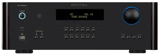 The text on the image reads: "RA-1572MKI ROTEL POWER CD VOL 45 TONE BYPASS PHONES PHONO CD XLA TUNER AUIX USB SPEAKERS A COAX COAX OPT1 OPT 2 PO-USB BT MENU ENTER SV DIAL."