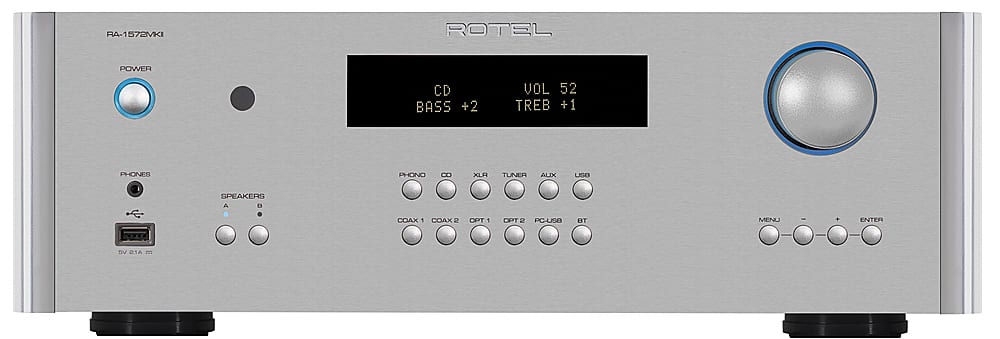The text on the image reads: "RA-1572MKI Rotel Power CD Bass +2 VOL 52 TREB +1 1 PHONES PHONO 8 XLR TUNER AUX USB SPEAKERS COAX COAX2 OPT 1 OPT 2 PC-USB BT MENU + ENTER."
