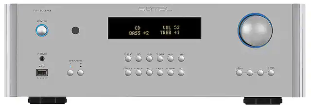 The text on the image reads: "RA-1572MKI Rotel Power CD Bass +2 VOL 52 TREB +1 1 PHONES PHONO 8 XLR TUNER AUX USB SPEAKERS COAX COAX2 OPT 1 OPT 2 PC-USB BT MENU + ENTER."
