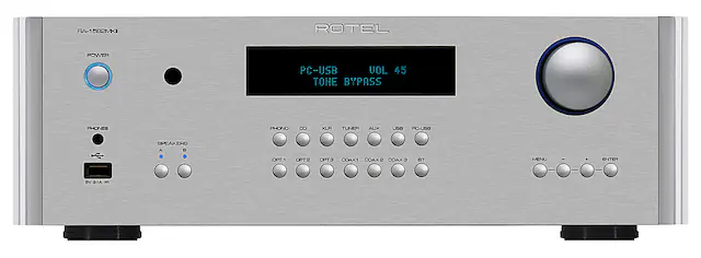The text on the image reads: "RA-1 582MKI ROTEL POWER PC-USB VOL 45 TONE BYPASS PHONES PHONO C XLA TUNER AUIX USB PC-USB SPEAKERS A D OPT1 OPT2 OPTA DOAX COAX2 COAX: BT MENU ENTER BV 21A -E".