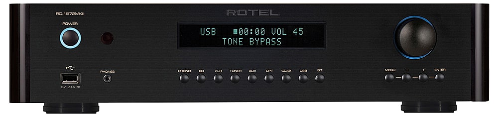 The text on the image reads: "RC-1572MKI ROTEL POWER USB m00:00 VOL 45 TONE BYPASS PHONES PHONO . XLR TUNEA AUX OPT COAX USe BT MENU ENTER BV 1A."