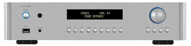 The text on the image reads: "RC-1572MKI ROTEL POWER COAX1 VOL 64 TONE BYPASS PHONES PHONO CO XLR TUNER AUX OPT COAX UE BT MENU + ENTER 5V 21A."