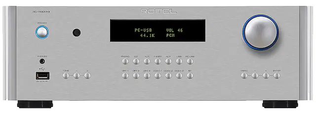 The text on the image reads: "RC-1580MKI ROTEL POWER PC-USB: 44.1K 44.1K VOL 46 PCM PHONES PHONE C XLA TUNER AUX USB TONE OPT 1 OPT 2 OPT 3 COAX COAXD COAX3 BT MENU . ENTER DV D1A m A."