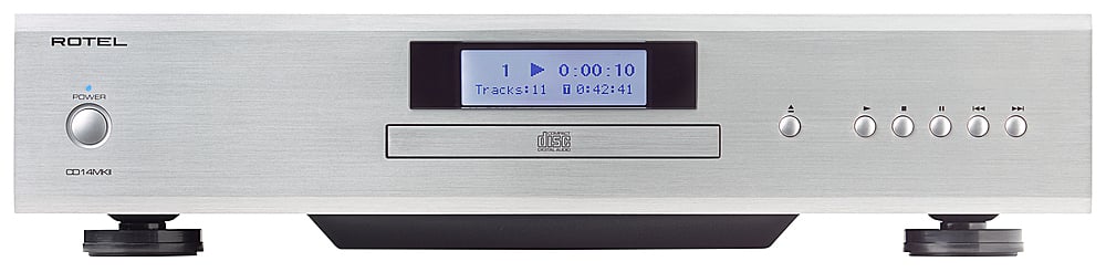 The text on the image reads "ROTEL POWER 1 0:00:10 Tracks: 11 11 i 0:42:41 H4 disc 1 4MKI." This text is likely related to the audio system, specifically the CD player, and provides information about the disc being played. The disc is track number 11, and the total duration of the disc is 42 minutes and 41 seconds.