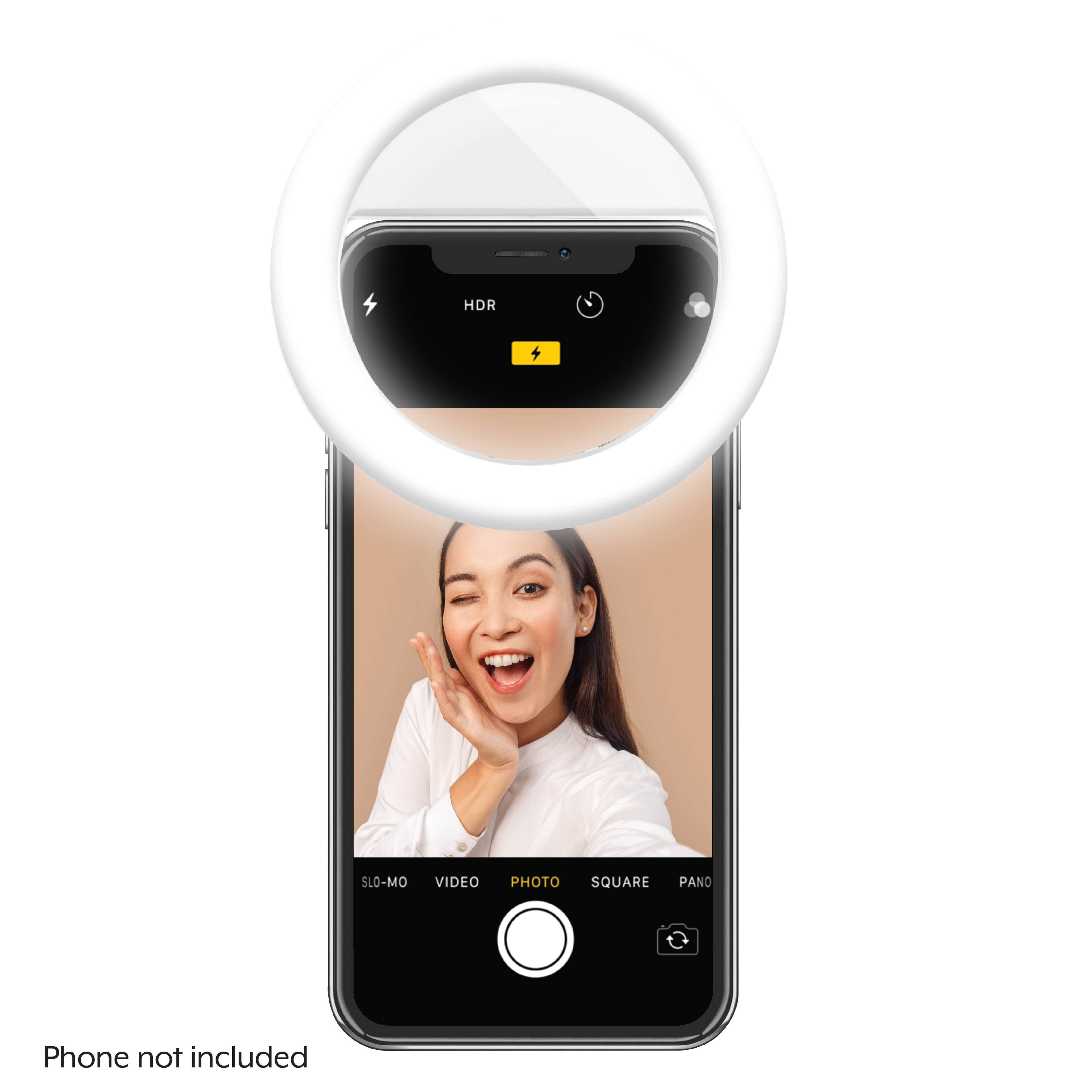 The image features a woman smiling at the camera, with a large circle around her face. The circle highlights the woman's face, drawing attention to her expression. The image is displayed on a cell phone screen, showcasing the photo's quality and the phone's capabilities. The phone not included text is likely a reminder that the phone itself is not part of the package, and the focus is on the photo and video features.