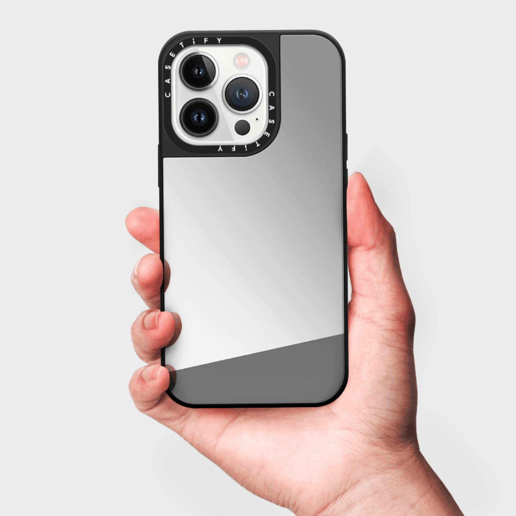 Alt View 3. CASETiFY - Mirror Case with MagSafe for Apple iPhone 14 Pro Max - Silver with Black Bumper.