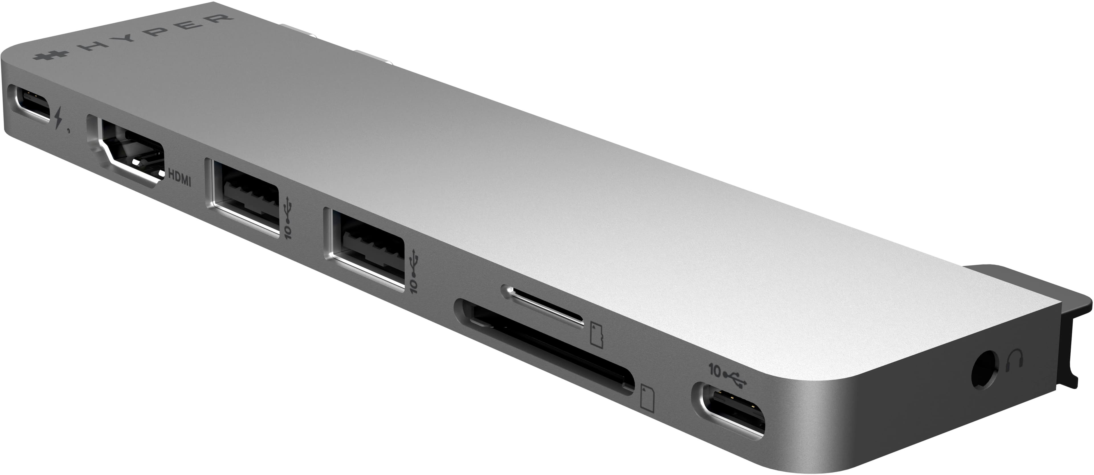 Angle. Hyper - HyperDrive Next 8 Port USB-C Hub, 4K HDMI, USB4/Thunderbolt 4, 1 USB-C, 2 USB-A, microSD/SD, travel dock for MacBook/PC - Space Gray.