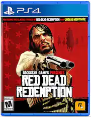 The image features a video game called Red Dead Redemption, which is a part of the Rockstar Games series. The game is available on the PlayStation 4 console and has a mature rating of 17+. The cover of the game showcases a man with a gun, emphasizing the action-packed nature of the game.