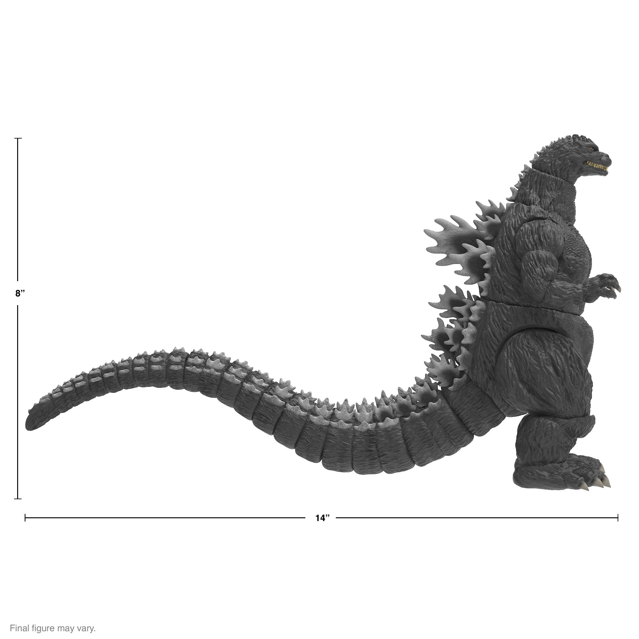 The image displays a Godzilla action figure, which is a toy of the famous monster from the movie. The action figure is quite large, measuring 8 inches in height and 14 inches in length. The final figure may vary, but it is evident that the toy is designed to be an impressive representation of the iconic character.