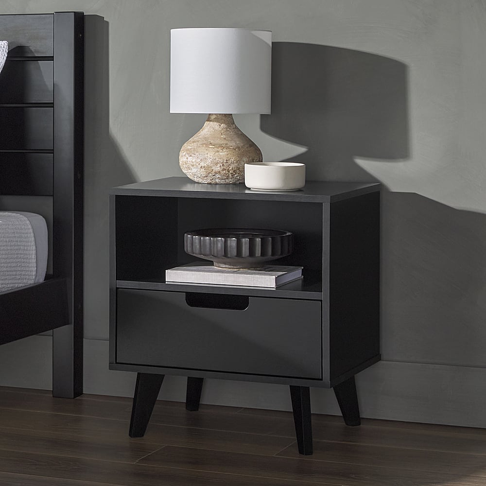 Alt View 12. Walker Edison - Mid-Century Modern 1-Drawer Angle-Leg Nightstand - Black.
