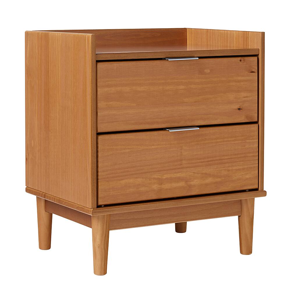 Left View: Walker Edison - Mid-Century Modern 2-Drawer Gallery-Top Nightstand - Caramel