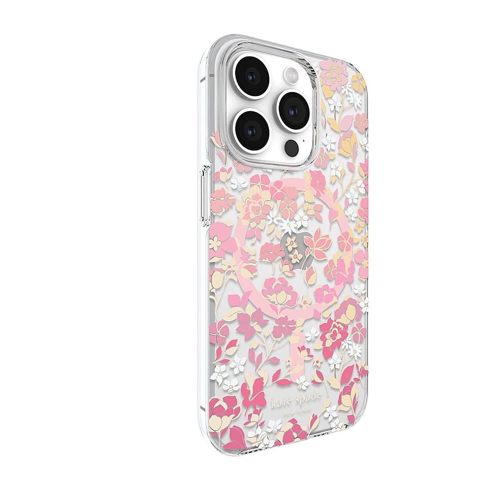 Angle. kate spade new york - Protective Hard Shell Case with MagSafe for Apple iPhone 15 Pro - Flowerbed Pink.