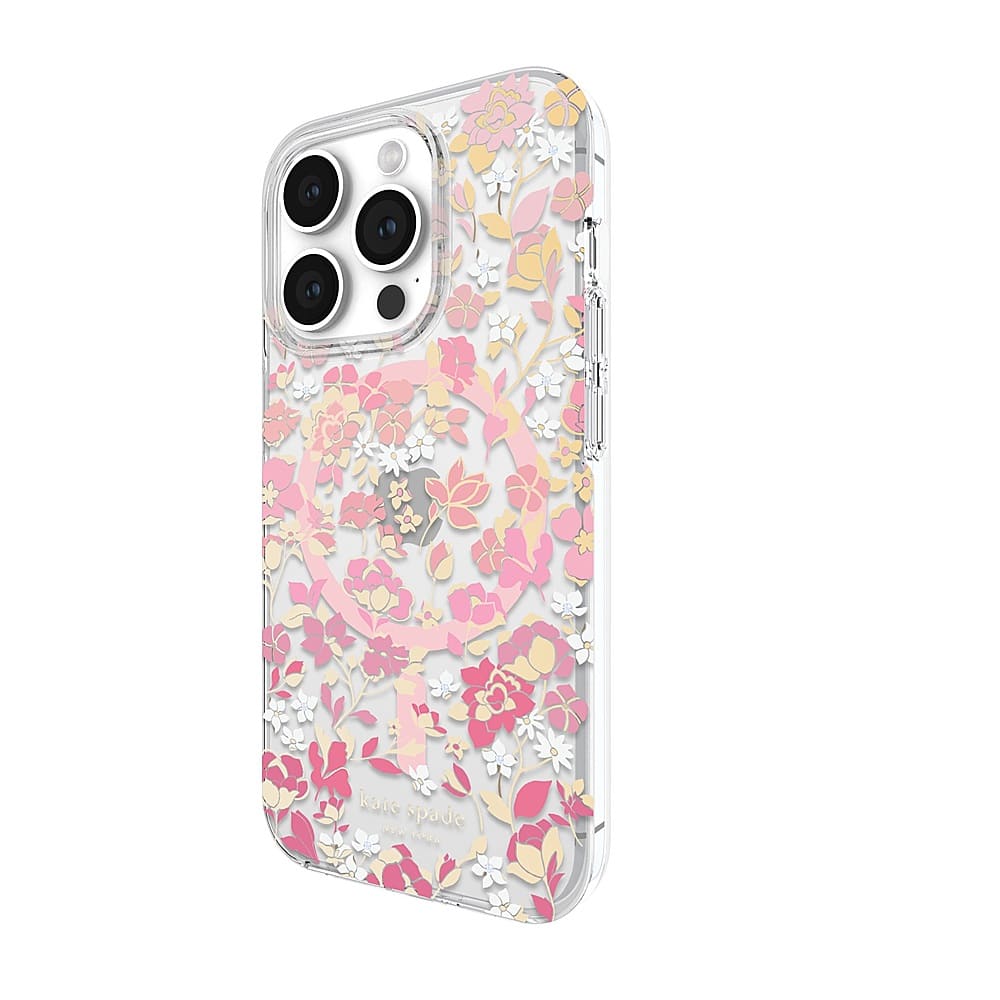 Left. kate spade new york - Protective Hard Shell Case with MagSafe for Apple iPhone 15 Pro - Flowerbed Pink.