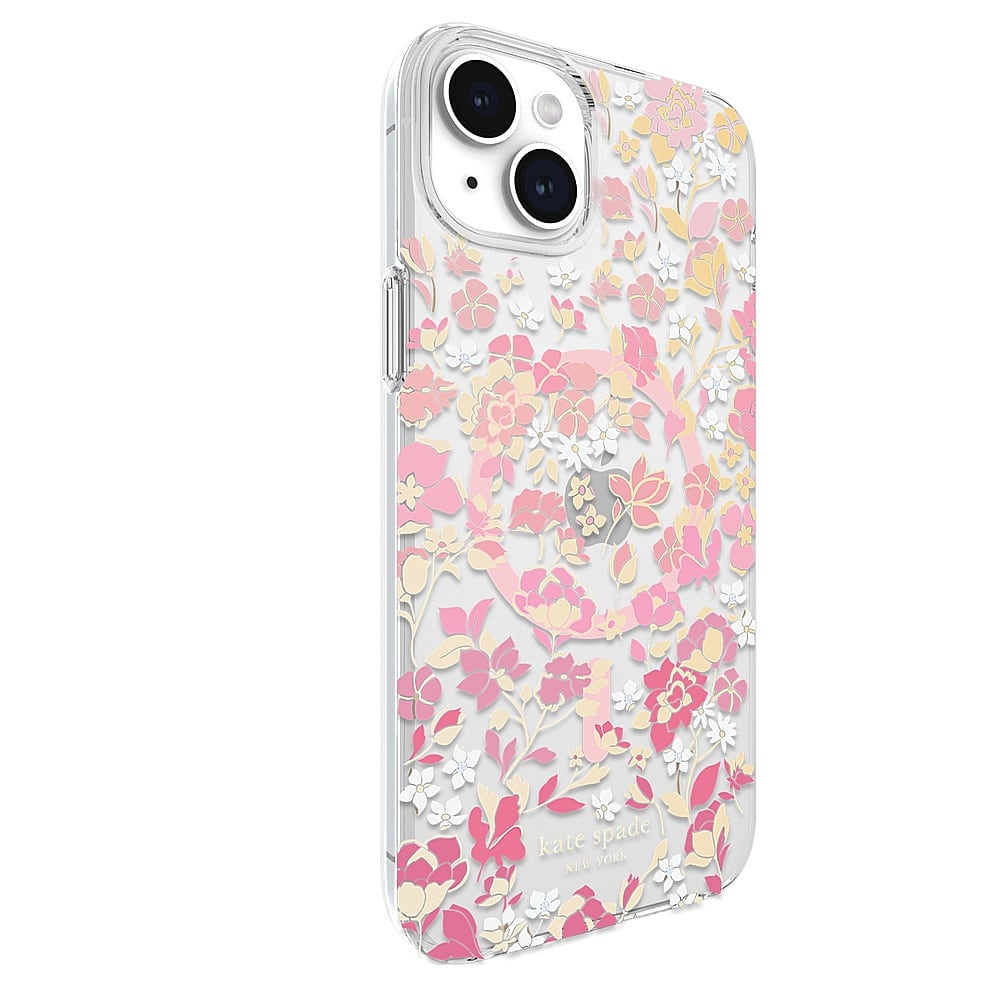 Angle. kate spade new york - Protective Hard Shell Case with MagSafe for Apple iPhone 15 Plus - Flowerbed Pink.
