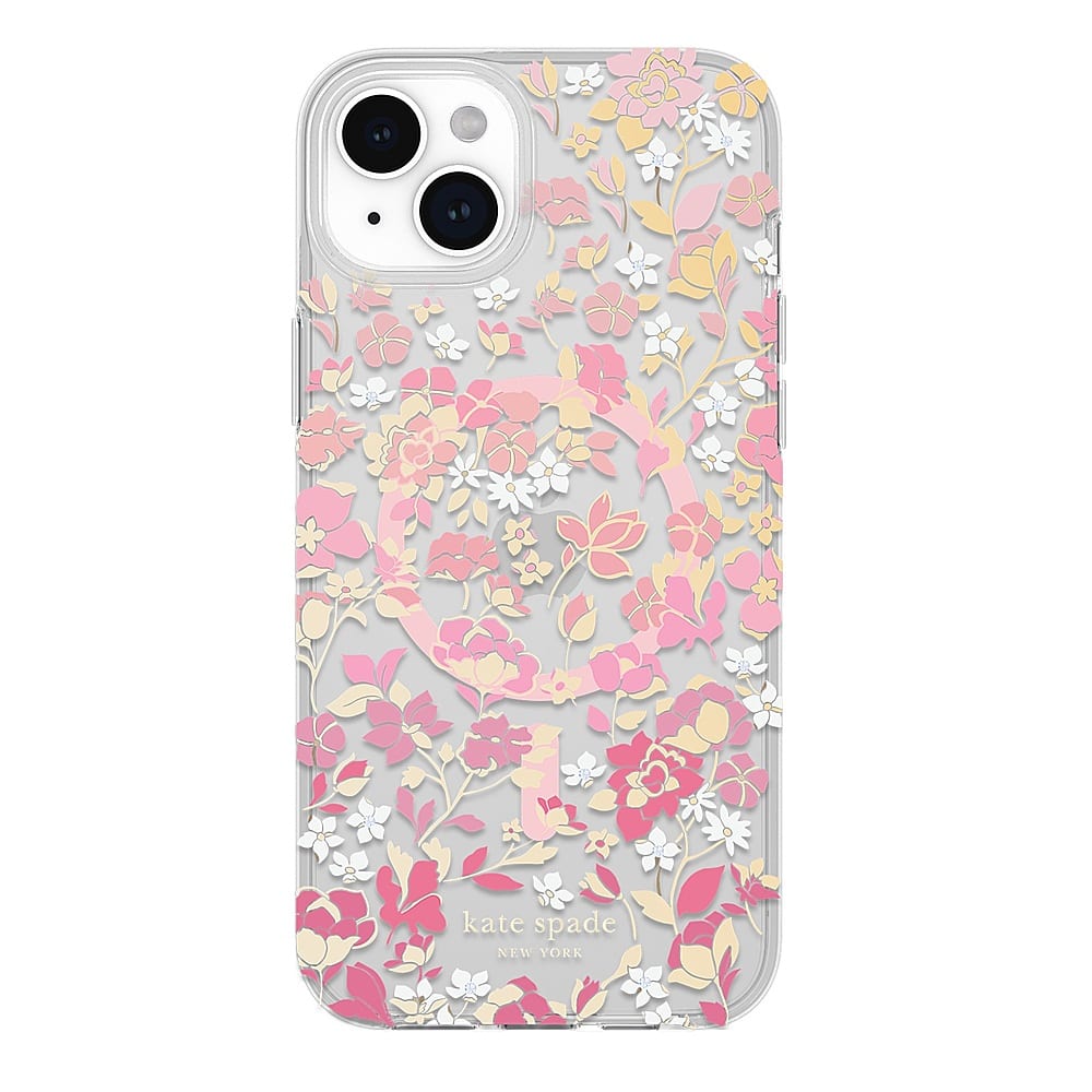Front. kate spade new york - Protective Hard Shell Case with MagSafe for Apple iPhone 15 Plus - Flowerbed Pink.