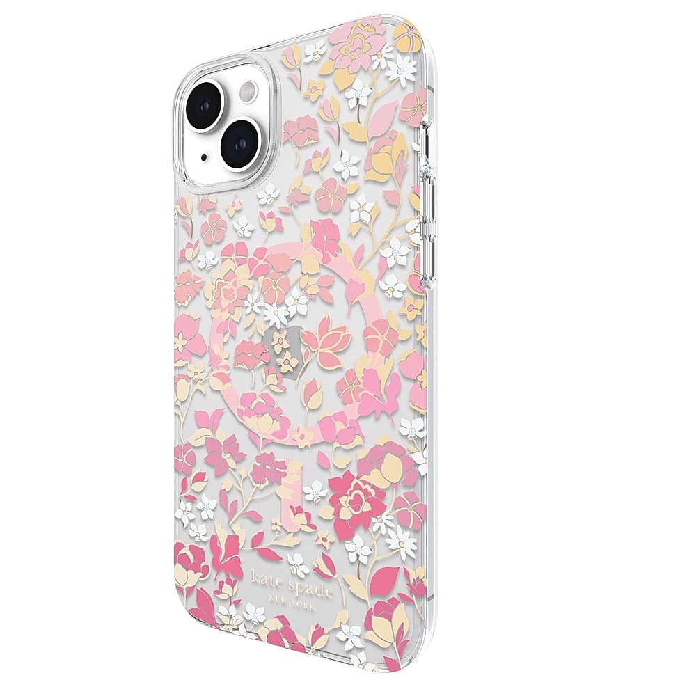 Left. kate spade new york - Protective Hard Shell Case with MagSafe for Apple iPhone 15 Plus - Flowerbed Pink.
