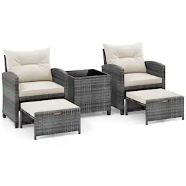 Boyel Living - 5 Piece Patio Rattan Furniture with 2 Ottomans and Tempered Glass Coffee Table- 260-in W x 300-in D x 250-in H - White