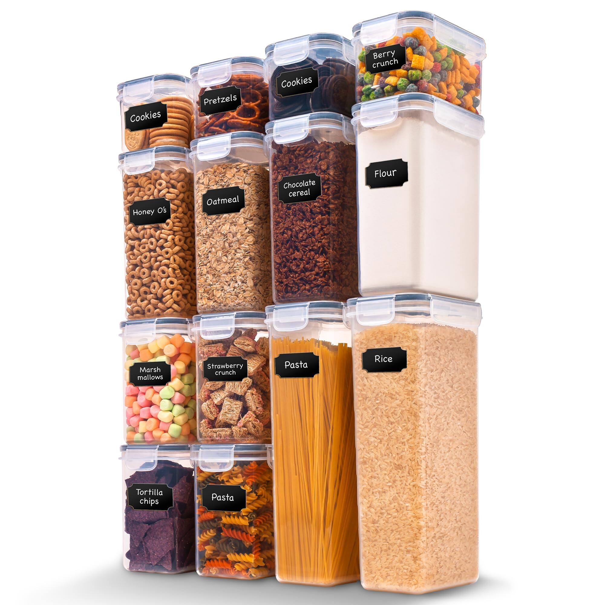 Cookies  
Pretzels  
Cookies  
Berry crunch  
Honey O's  
Oatmeal  
Chocolate cereal  
Flour  
Marshmallows  
Strawberry crunch  
Pasta  
Rice  
Tortilla chips  
Pasta
