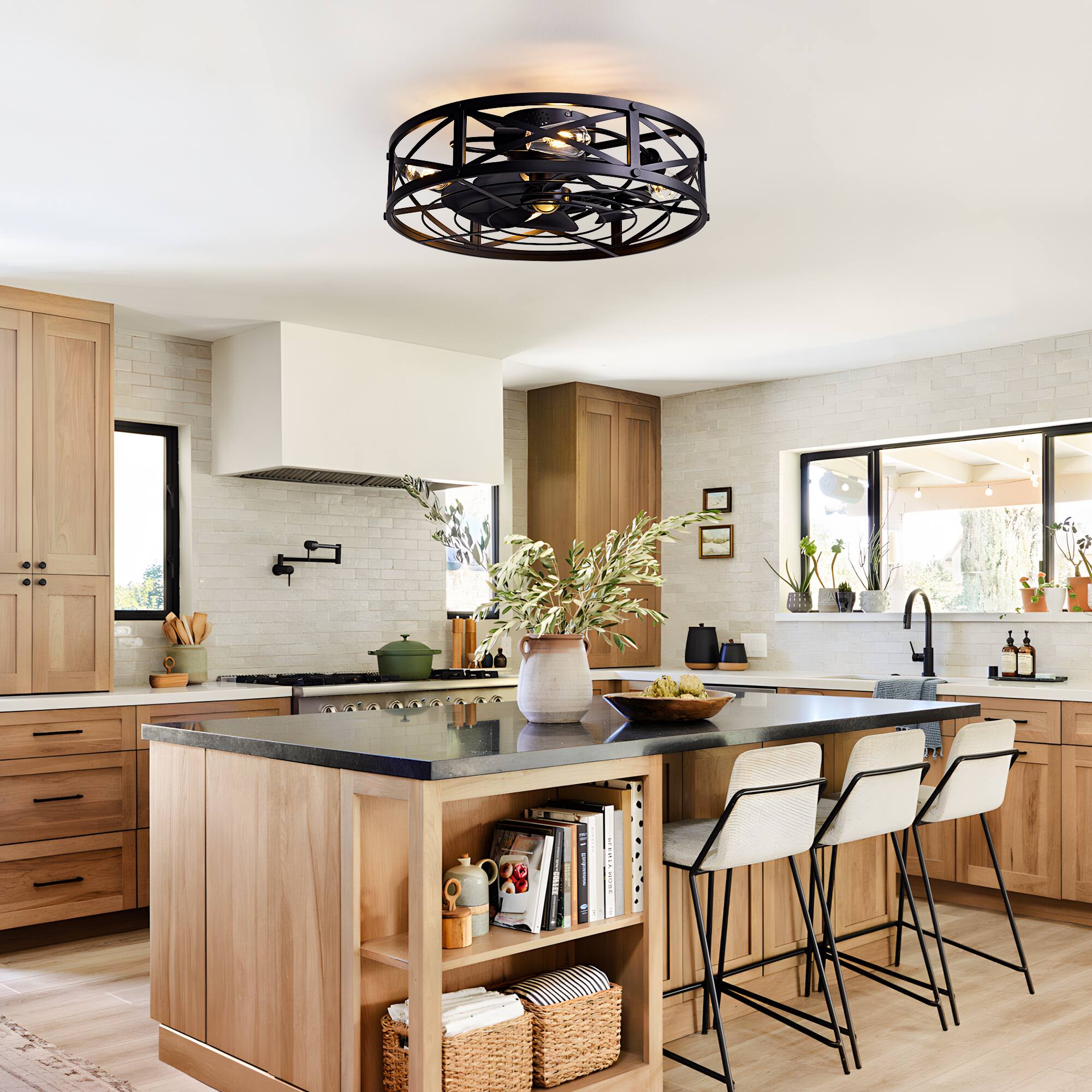 Back. Siljoy - 24‑Inch Black Farmhouse Caged Flush Mount Ceiling Fan with Light DC Motor for Living Room Bedroom Kitchen - Black.