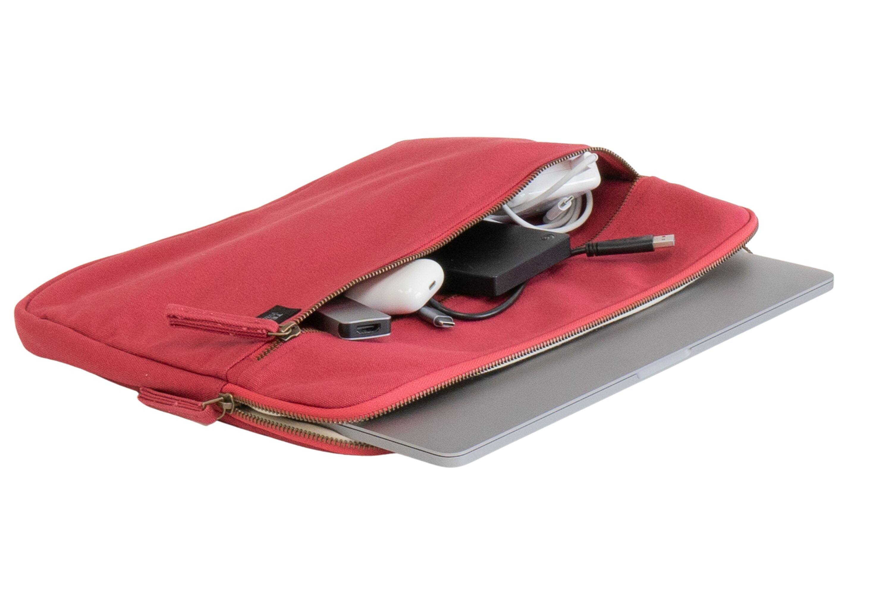Left. Terra Thread - Organic Cotton Laptop Sleeve 15 inches - Ruby Red.