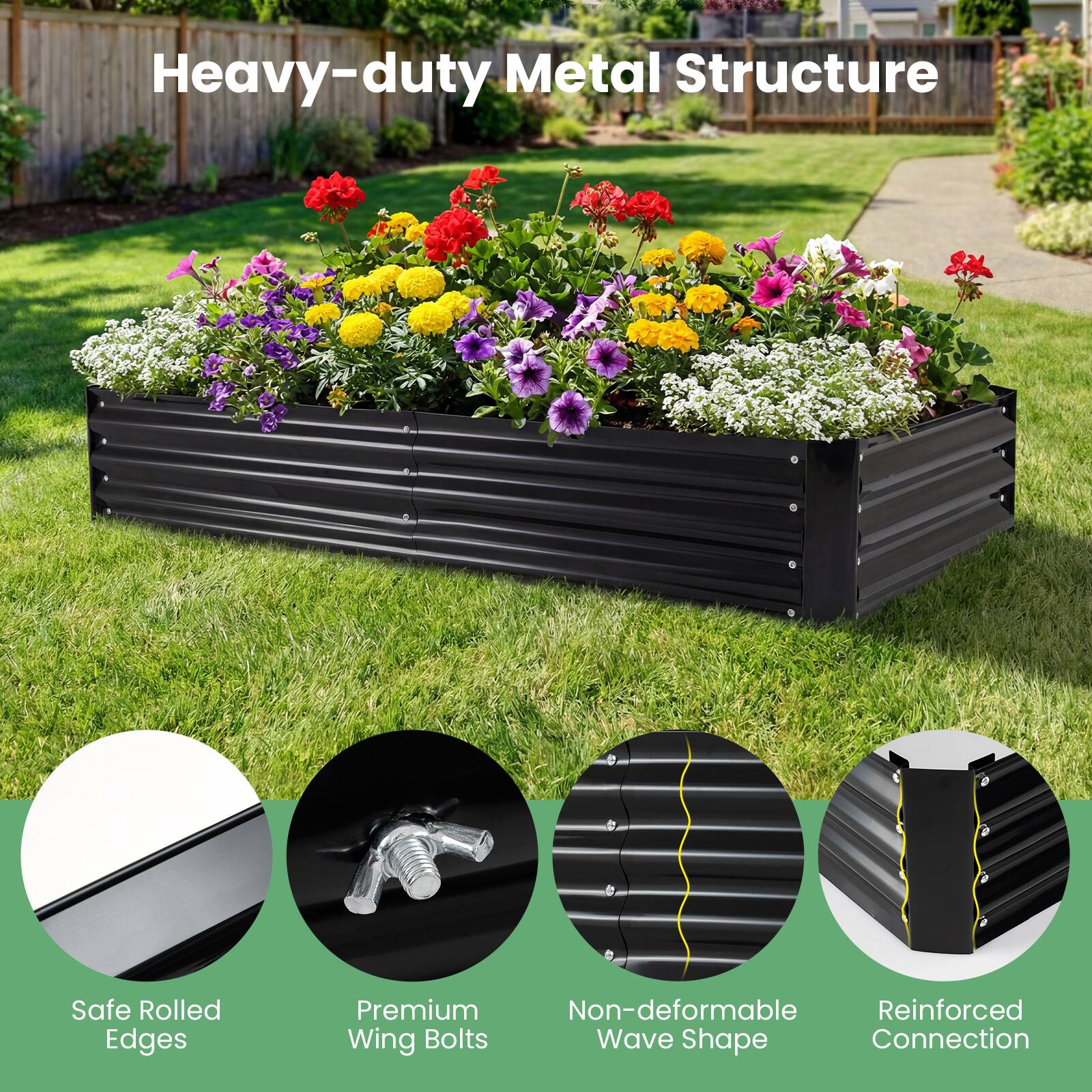Heavy-duty Metal Structure  
Safe Rolled Edges  
Premium Wing Bolts  
Non-deformable Wave Shape  
Reinforced Connection