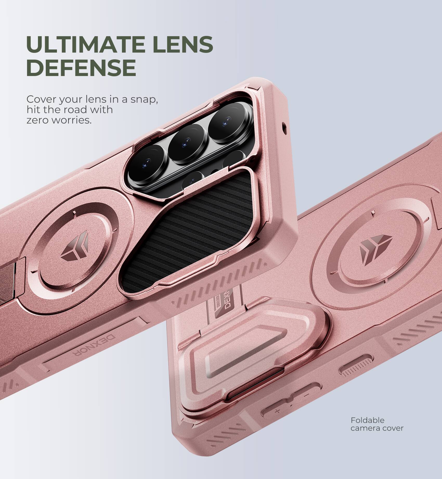 ULTIMATE LENS DEFENSE  
Cover your lens in a snap, hit the road with zero worries.  

DEXNOR  
Foldable camera cover