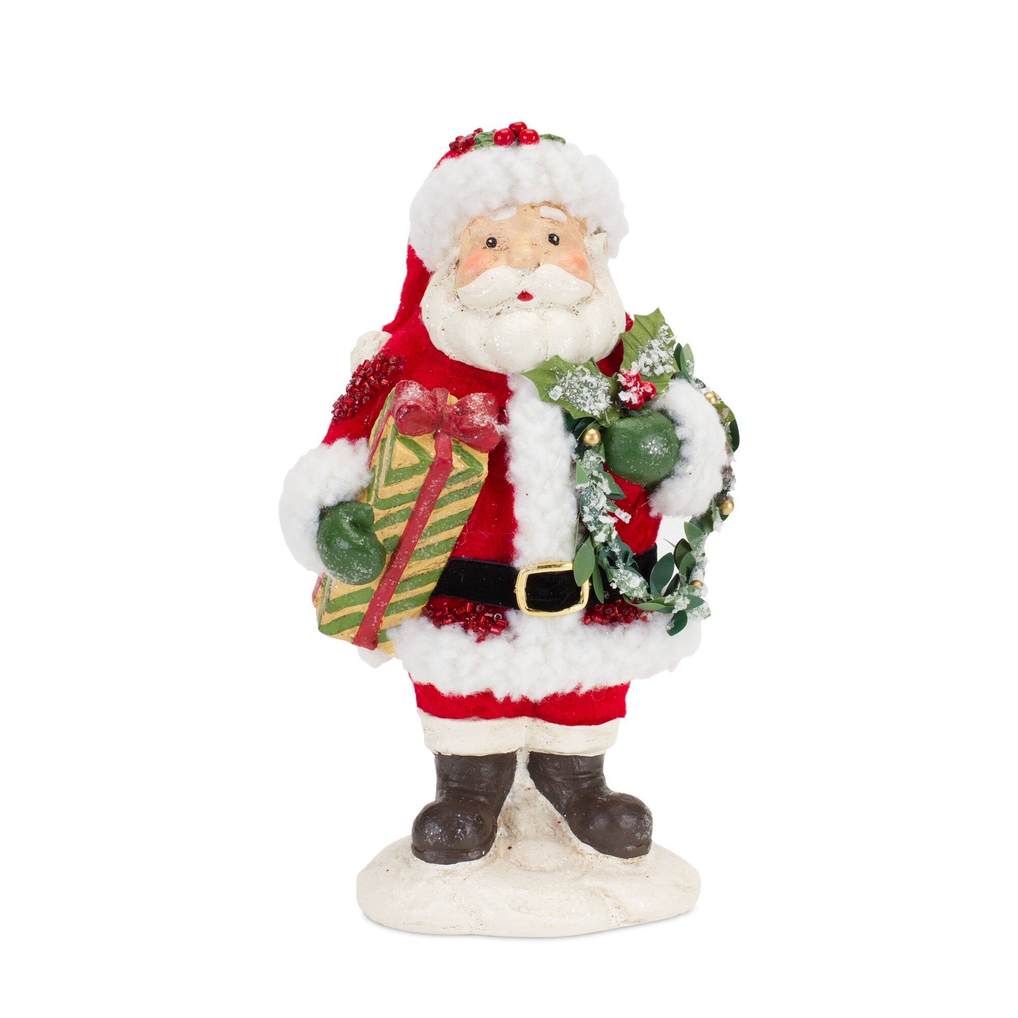 Back. BreeBe - Santa Figurine with Pine Tree and Present Accents (Set of 3) - Red, White.