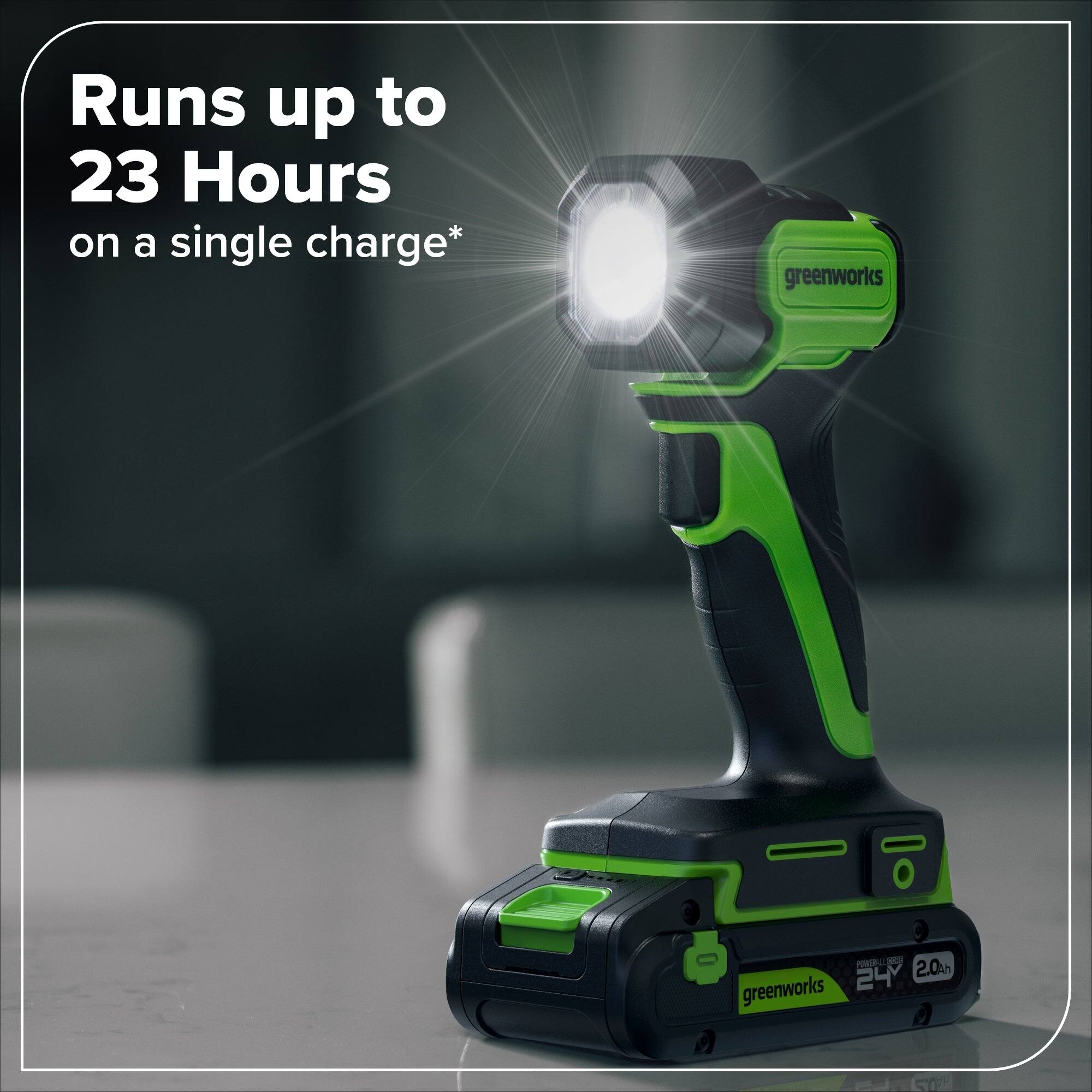 Runs up to 23 Hours on a single charge*  
greenworks FE - 24 2.0