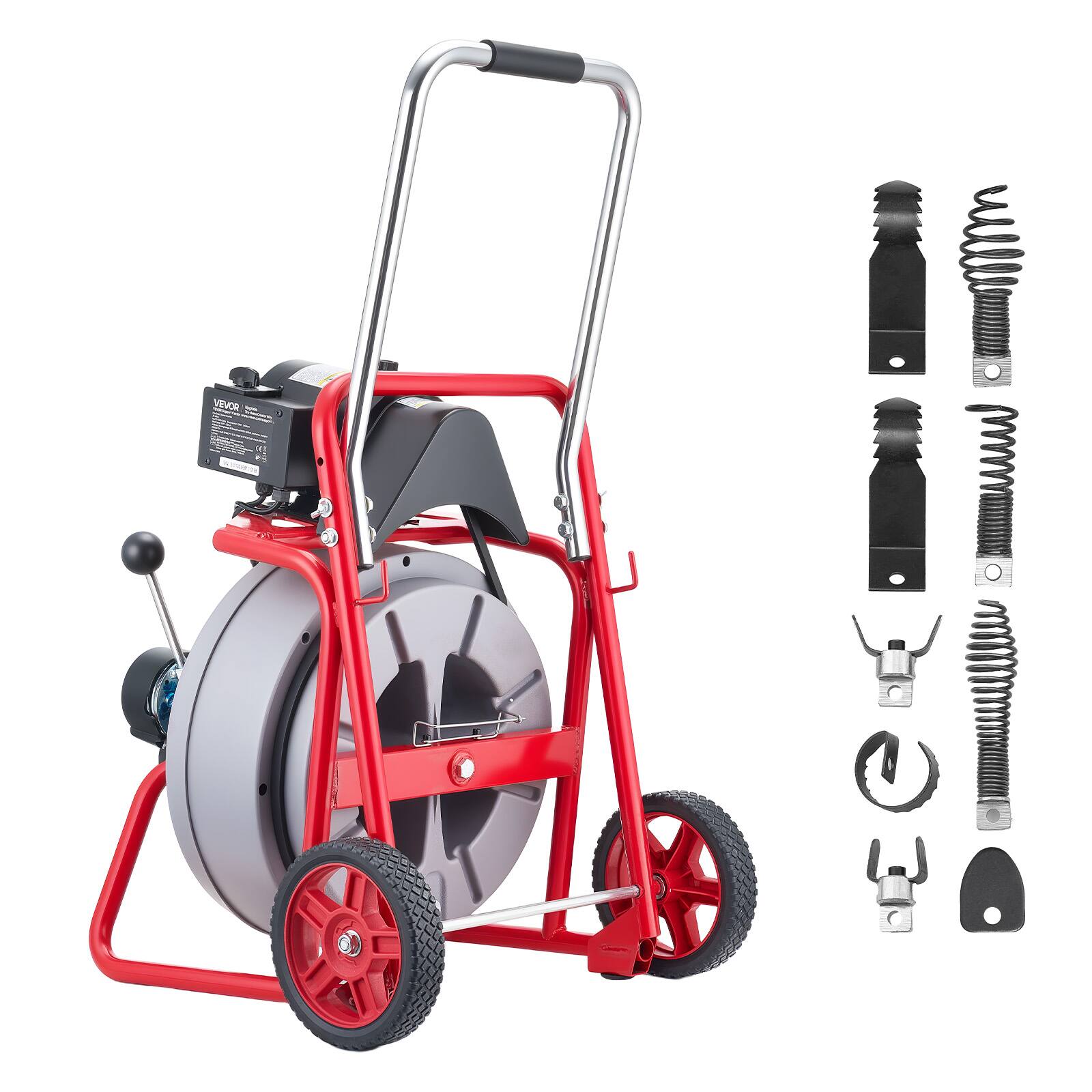 Alt View 5. VEVOR - Drain Cleaner Machine 75 FT x 1/2 Inch, Auto Feed Sewer Snake Drain Auger on Wheels, Portable Drain Cleaning Machine - Red stand + gray drum.