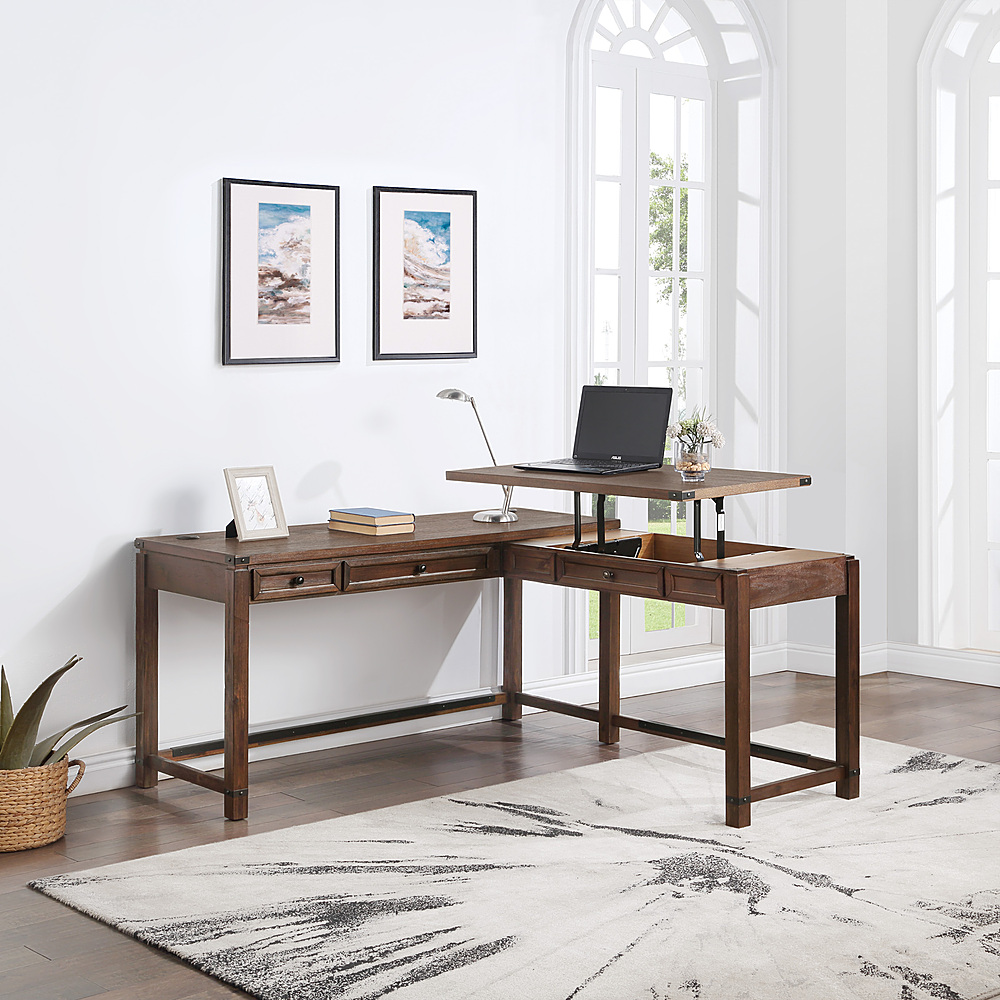 Baton Rouge Engineered Wood Sit-to-Stand L-Desk in Champagne Oak Finish