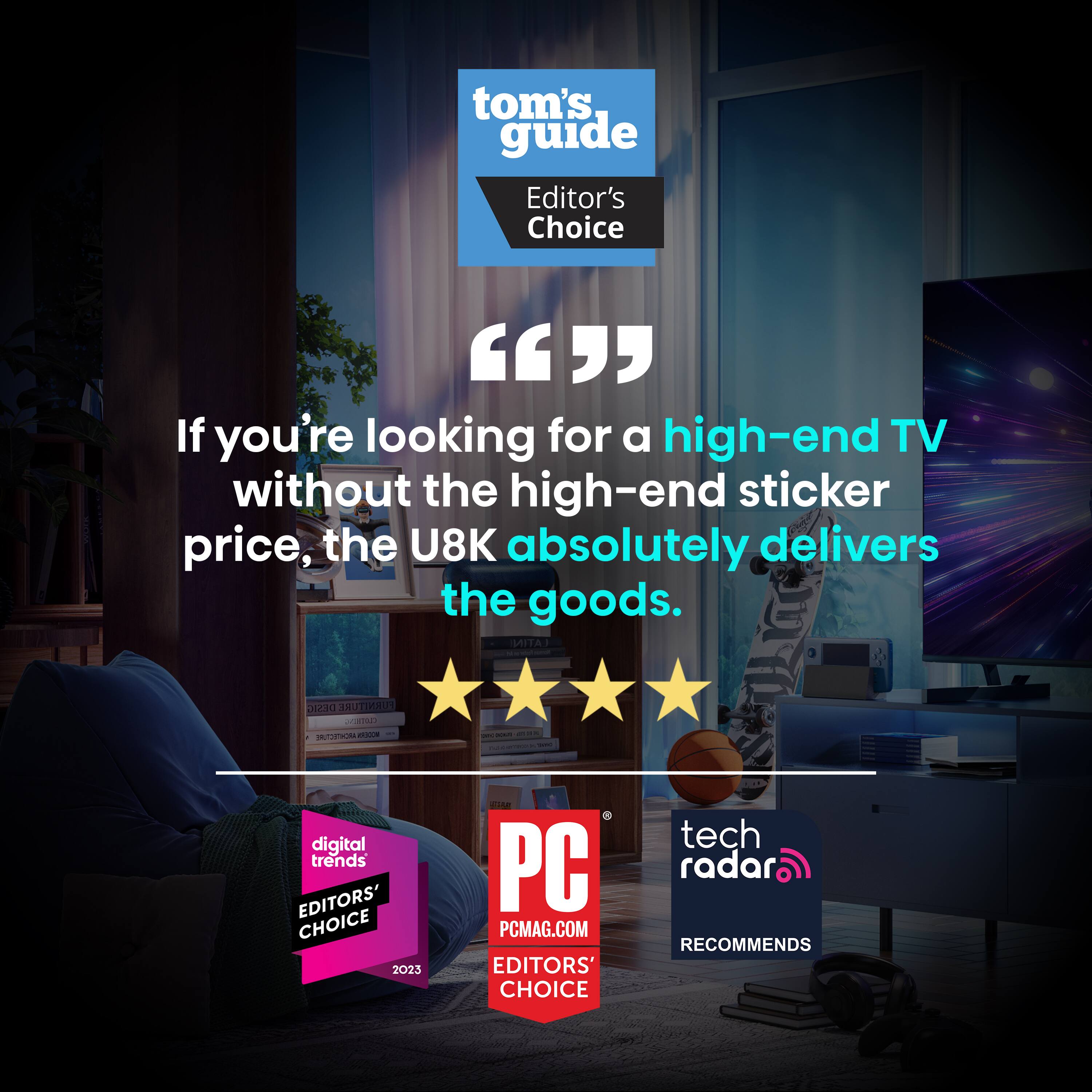 The image features a TV with a pink background and stars, indicating it is an advertisement. The TV is described as a "high-end TV without the high-end sticker price," and it is recommended by Tom's Guide, Digital Trends, PC Magazine, and Tech Radar. The advertisement also includes a couch and a potted plant in the background.