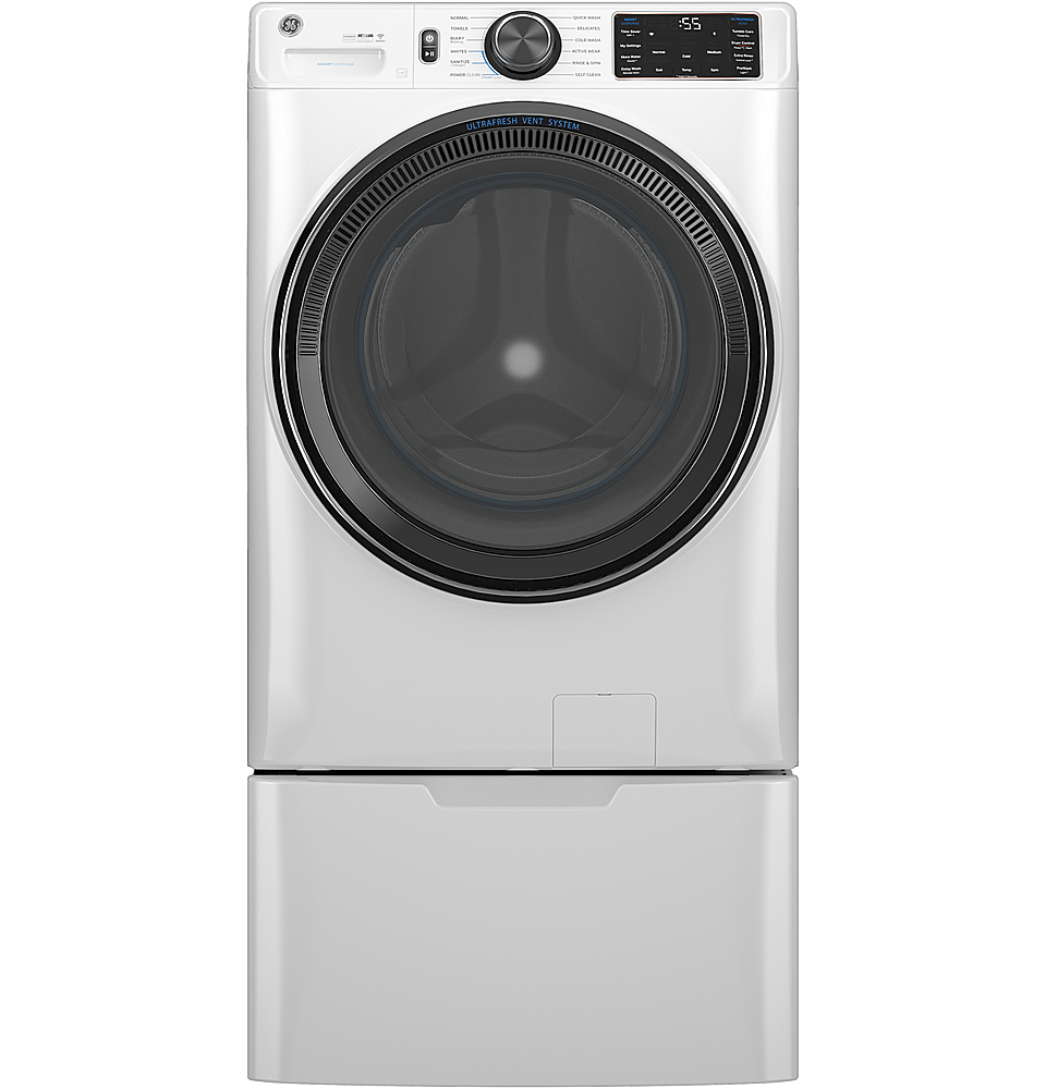 Left View: GE - 5.0 Cu. Ft. Stackable Smart Front Load Washer with Steam and SmartDispense - White