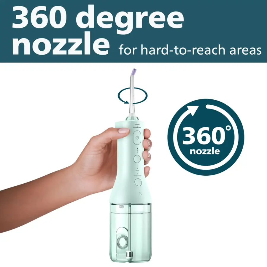 The image features a person holding a water flosser with a 360-degree nozzle for hard-to-reach areas. The nozzle is designed to provide effective cleaning in various oral care situations. The water flosser is being held in a hand, showcasing its compact size and ease of use. This product is an innovative solution for maintaining oral hygiene and reaching areas that are difficult to clean with traditional toothbrushes.