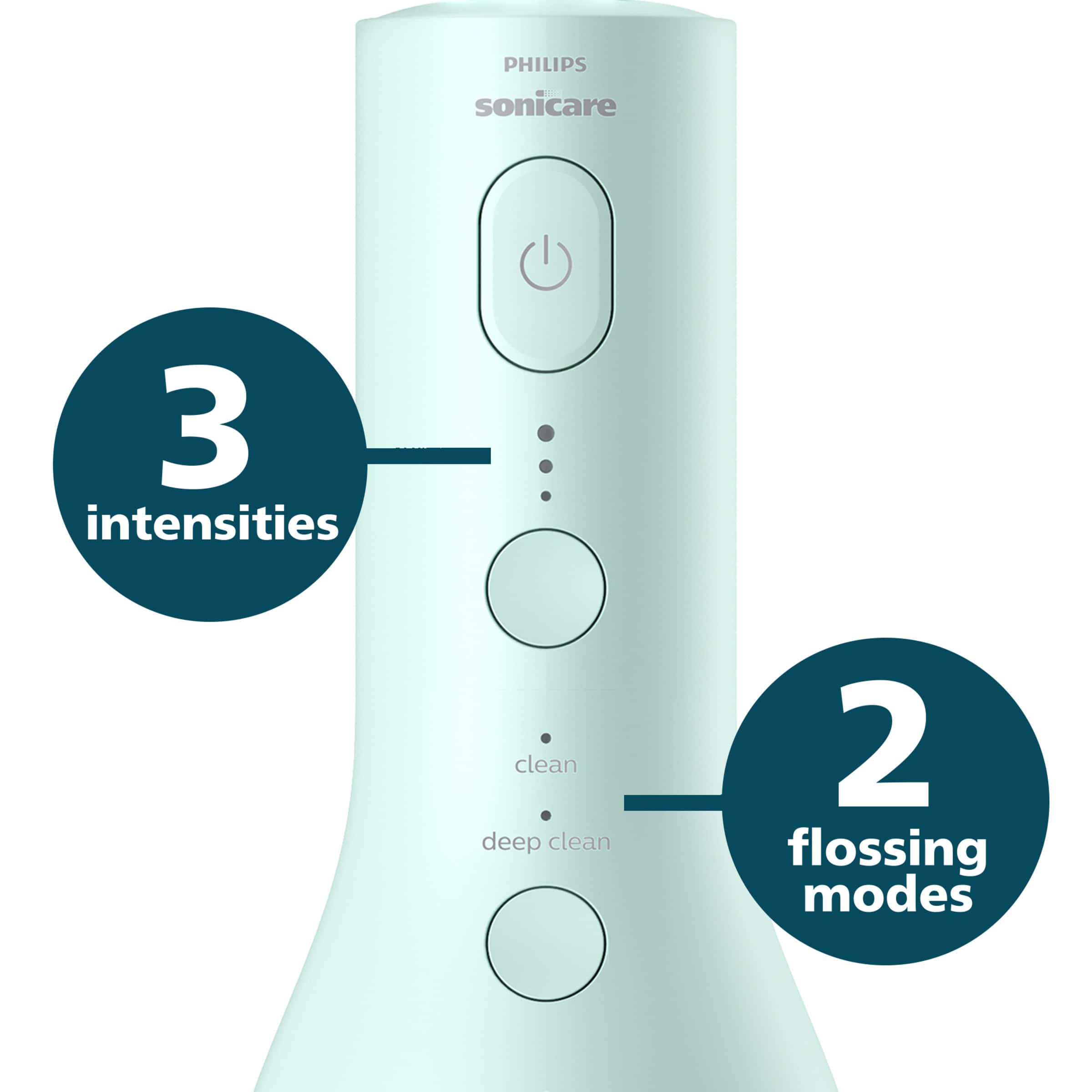 The image features a white electric toothbrush with 3 intensities and 2 flossing modes. The toothbrush is designed by Philips and is called the Sonicare. The three intensities are labeled as "Clean," "Deep Clean," and "Intense Clean," while the two flossing modes are labeled as "Flossing Mode 1" and "Flossing Mode 2." The toothbrush is designed to provide a thorough cleaning experience for users, catering to different cleaning needs and preferences.