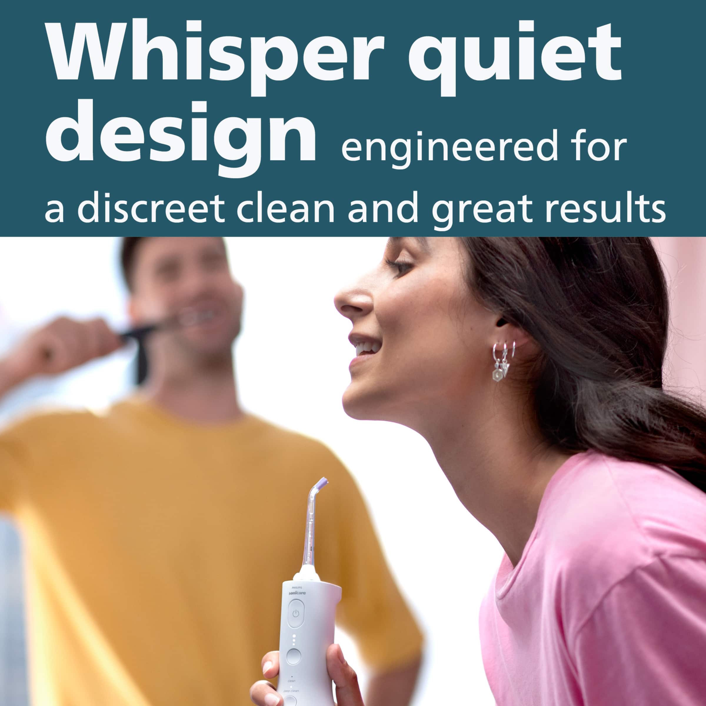 The image features a man and a woman using a water flosser, with the woman holding the device and the man brushing his teeth. The water flosser is designed for a discreet and effective cleaning experience, providing great results.