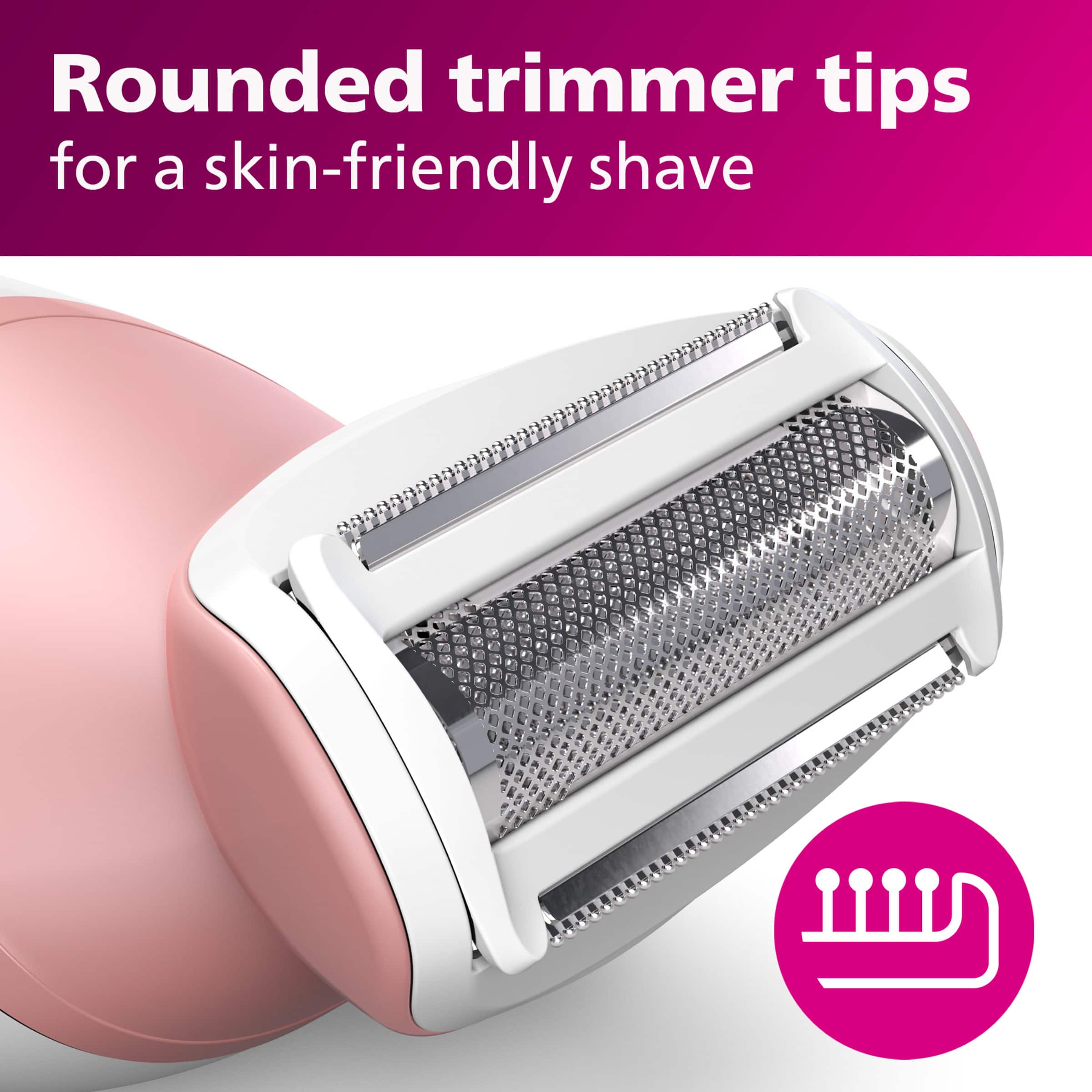 The image features a pink electric shaver with a close-up view of its trimmer tips. The shaver has a rounded design that allows for a skin-friendly shave, making it suitable for sensitive skin. The shaver's design and features are likely intended to provide a comfortable and precise shaving experience.