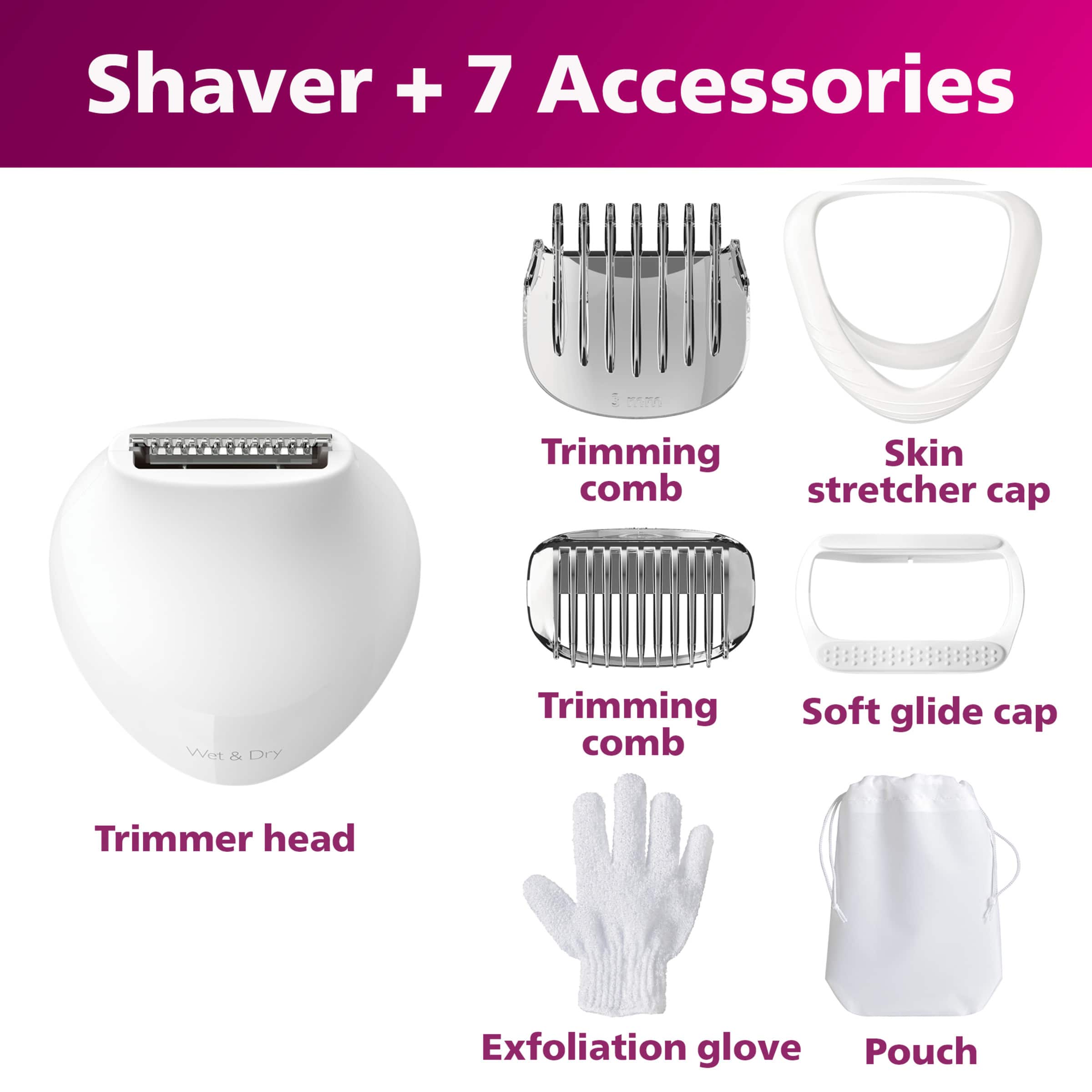 Shaver + 7 Accessories: Trimming Skin comb, Stretcher cap, Wet & Dry Trimming comb, Soft glide cap, Trimmer head, Exfoliation glove, Pouch.