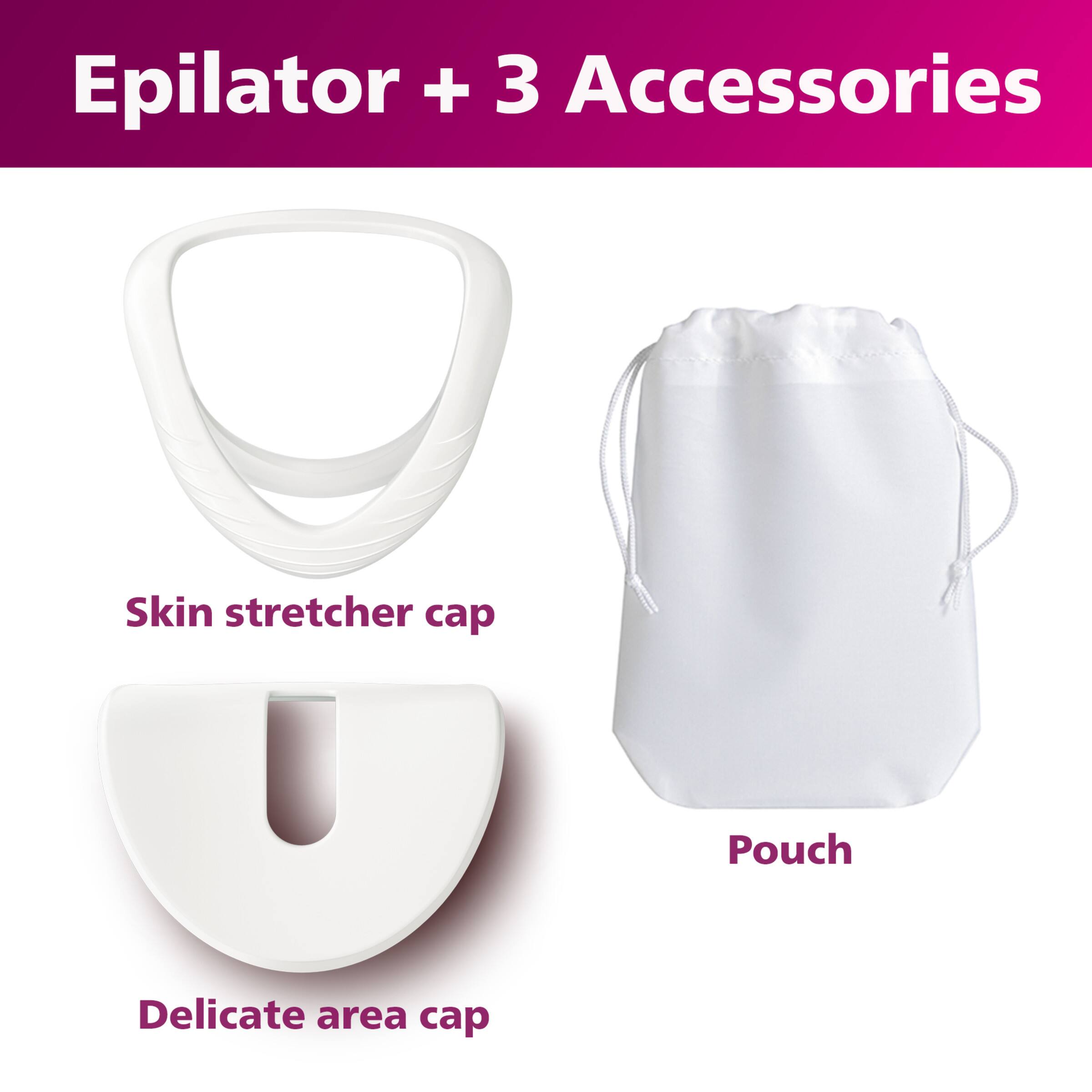 Epilator + 3 Accessories: Skin stretcher cap, Pouch, Delicate area cap.