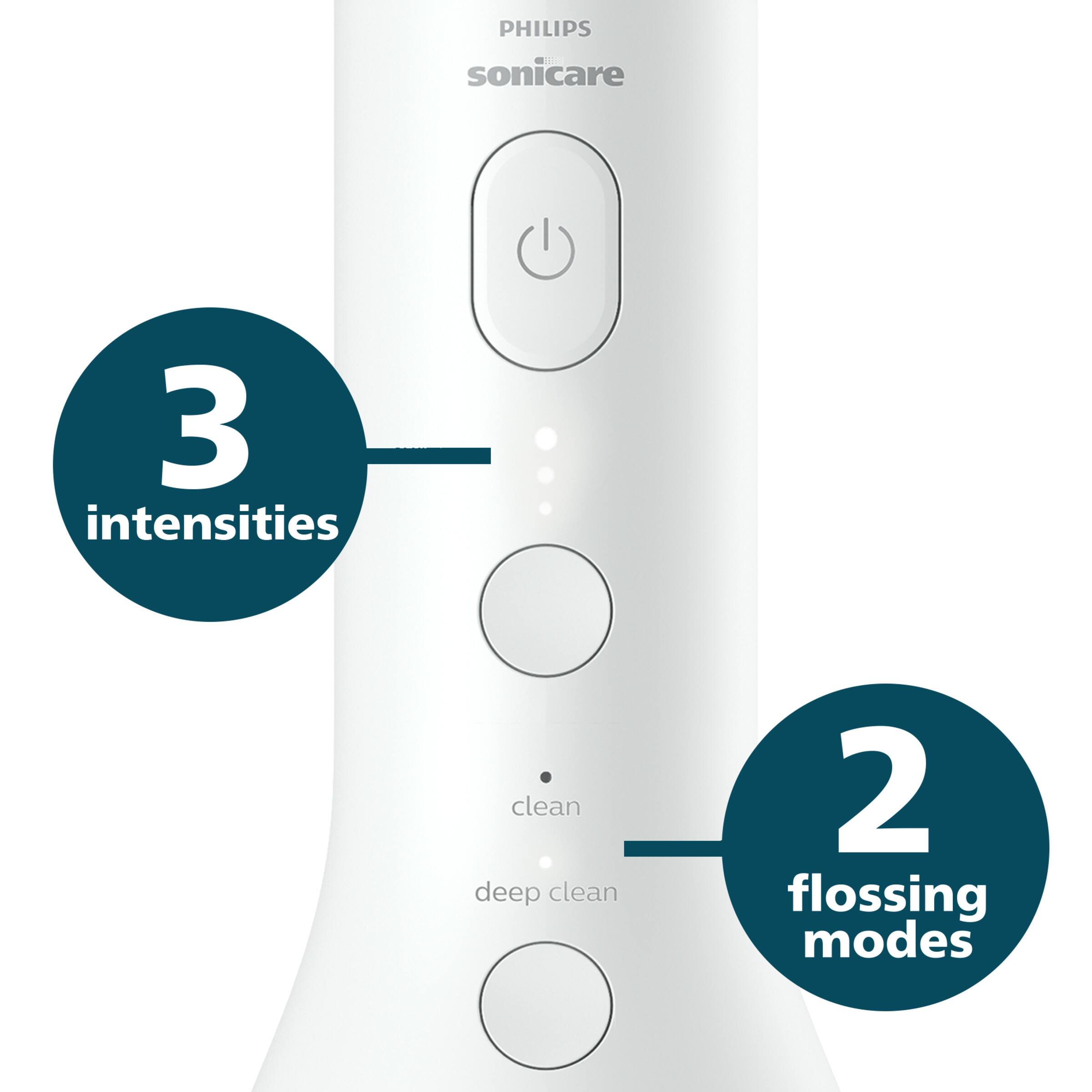 The image features a white electric toothbrush with a button in the center. The toothbrush has three intensities and two flossing modes, making it a versatile and efficient oral care device. The button in the center likely controls the different settings, allowing users to choose the appropriate intensity and mode for their needs. The toothbrush is designed to provide a thorough and effective cleaning experience for users.